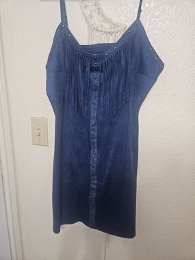 Idyllwind Navy Blue Fringe Studded Slip Mini Dress
